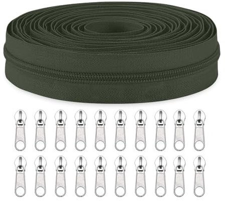 Sawoake The Yard - Cerniere a spirale in nylon, 9,1 m, con 20 cursori per cerniera, per fai da te, cucito, sartoria, borse, indumenti, tessuti per la casa, colore: verde scuro