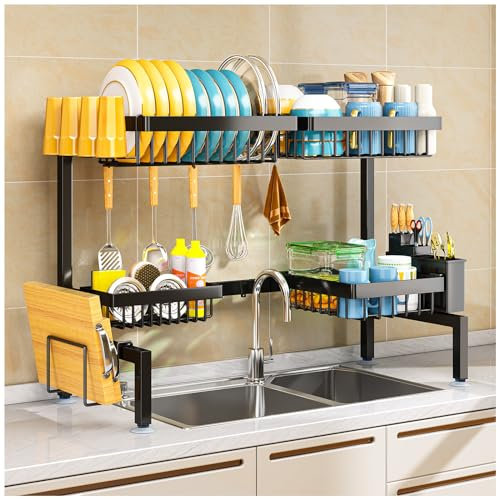 PurKeep Dish Drainer Rack - Over the Sink Dish Drying Rack with 4 Basket, 2-Tier Expandable (24.8 -35.4) Kitchen Dish Rack with Metal Hook, Large Dish Drying Rack, Black