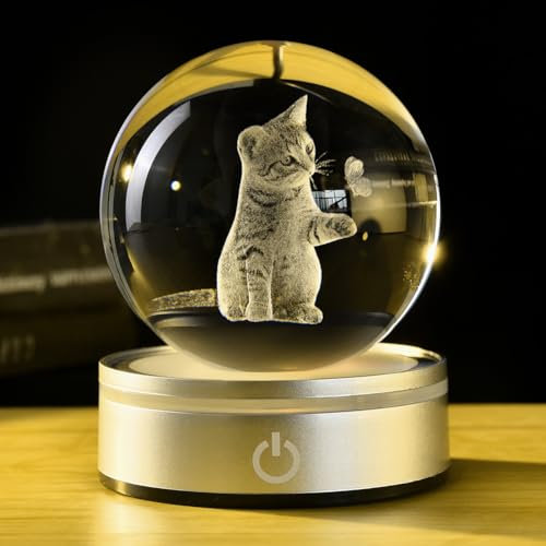 IFOLAINA 3D Cat Lover Gifts for Women, Cat Figures with Crystal Ball Flower with Stand, Collectible, Gift for Women and Kids