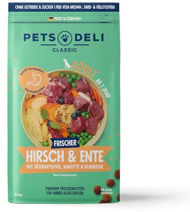 Pets Deli Trockenfutter für Hunde Hirsch & Ente mit Süßkartoffel, Karotte & Blaubeere - ohne Zucker und Gluten, 2kg