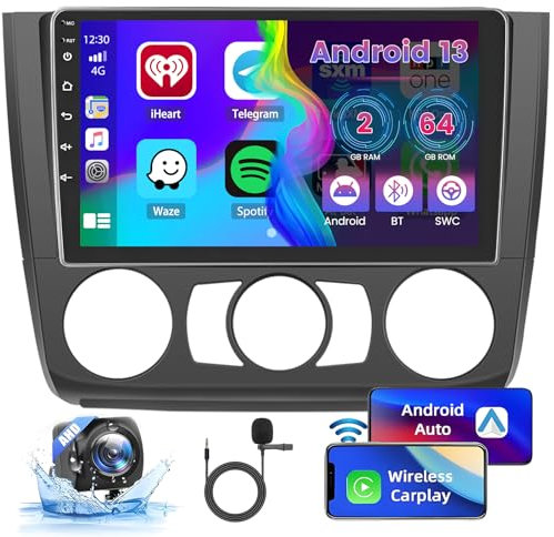 Hikity 2+64GB Android 15 Radio Coche CarPlay Android Auto Inalámbrico, para BMW 1 Series E81 E82 E87 E88 2004-2012, Pantalla Táctil 9 Bluetooth Manos Libres, WiFi, GPS, SWC, Mirror Link
