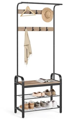 VASAGLE Garderobenständer, Garderobe, mit Schuhbank, 4-in-1 Design, 9 abnehmbare Haken, Kleiderstange, Eingangsbereich, Flur, 33,7 x 72 x 183 cm, Industrie-Design, Kamelbraun -tintenschwarz HSR040K02