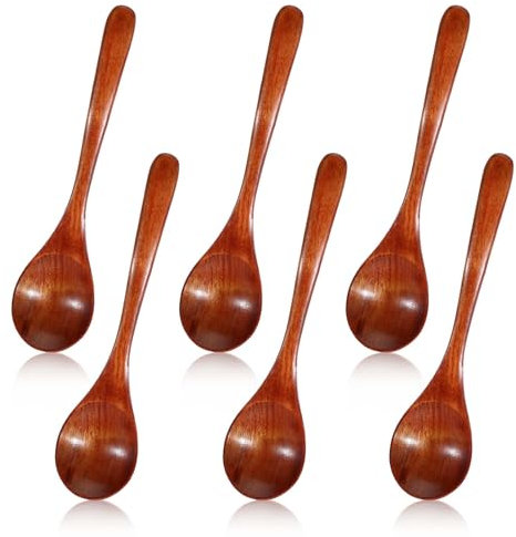 Lot de 6 Cuillères en Bois Naturel de 18 cm - Fabriquées à la Main - Pour Soupe, Miel et Chocolat Chaud