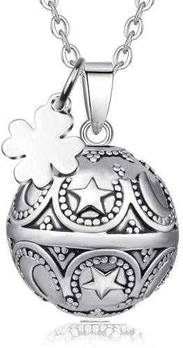 CELESTIA Bola Grossesse Original Collier Bola Grossesse Lune et Etoile Pendentif Femmes Enceinte Plaqué Argent avec Trèfle Chaîne 76~114 CM, Cadeau Grossesse, Cadeaux Future Maman