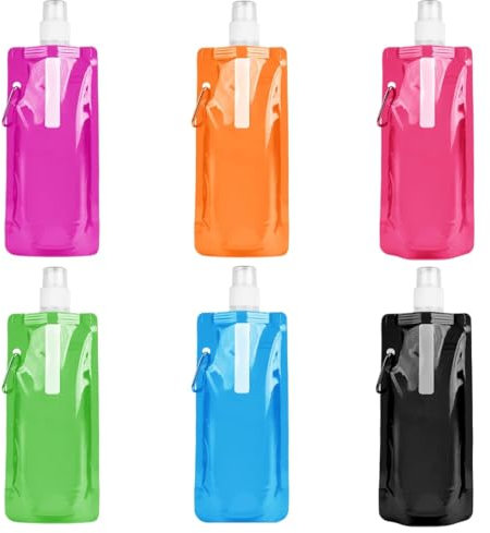 6 Piezas Botellas de Agua Plegable Plegable Flexible Botella de Agua Reutilizable Portátil Bolsa de Deportiva Plegable de Plástico con Mosquetón para Senderismo, Aventuras, Viajes, Bicicleta, 460ml