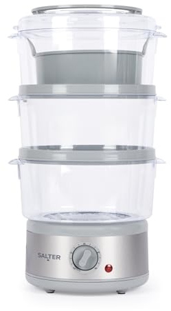 Salter Aspen Electric Food Steamer 3 Tier 7.5 L With 60 Minute Timer | 3 Stackable Baskets, 600 Ml Rice Bowl Included, Collapsible Design For Storage, 500 W Power, For Vegetables Fish Dumplings