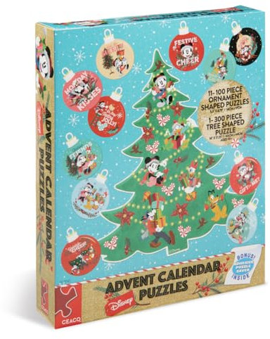 Ceaco - Disney - 12 Days of Christmas Advent Calendar Puzzles - Eleven 100 Piece Mini Ornament Jigsaw Puzzles and One 300 Piece Christmas Tree Jigsaw Puzzle
