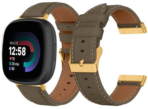 LanQii Lederarmband - Kompatibel mit Fitbit Versa 4/Versa 3/Sense 2 - Damen und Herren Leder Uhrenarmband Ersatzarmband in Khaki