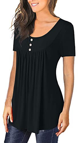 Black 2024 Ladies Short Sleeve Tops Loose Fit Long Blouses for Women Boat Henley Neck Casual Ruched Plain Summer Fall Shirts Button 2024 Clothing Fashion L