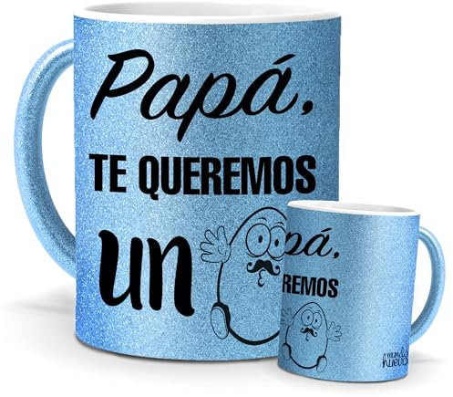 Taza Original Papá | Taza Papá, Te Queremos un Huevo | Idea de Regalo Día del Padre | Te quiero Papá | Detalles Divertidos y Especiales | Tazas para Café y Té | Cerámica Purpurina Azul | 350 ML