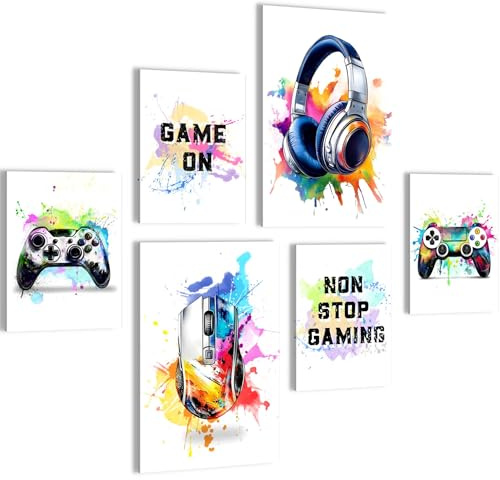 Novart Wandbilder Spielkonsole Gamer - KOMPLETT AUFHÄNGFERTIG - Mehrfarbig Wohnzimmer Schlafzimmer Flur - 6 Moderne Mood-Bilder - N038767a