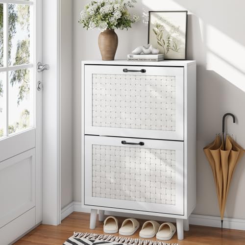 Smart FENDEE Schuhschrank schmal mit 2 handgeflochtenen Rattan-Schubladen, Moderner Flur-Schuhschrank mit Kippfunktion & Sicherheitsvorrichtung, Platz für 12 Paar Schuhe, 60cm Breite, weiß