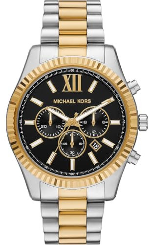 Michael Kors Orologio Lexington per uomo, movimento cronografo al quarzo da 44 mm con cinturino in acciaio inossidabile, 44 mm, Nero e grigio chiaro