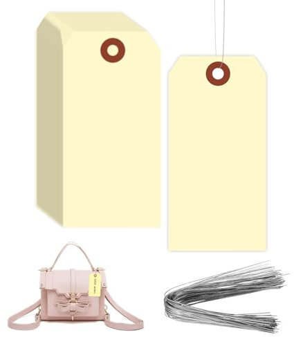 DHWEKU Lot de 100 étiquettes avec fil blanc, etiquette cadeau brocante carehabi etiquette kraft avec ficelle trou renforcé, Étiquette Prix pour Vêtements Étiquettes Marquage Bijoux avec Ficelle