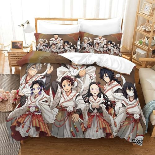 GDEKCIEAS Neuer Anime Demon Slayer Bettbezug Set Bettwäschegarnitur Mädchen Junge Kinder 3D Gedruckter Und Kissenbezüge Bettwäsche Weich Microfaser Reissverschluss 3 Teilig Single（140x200cm）