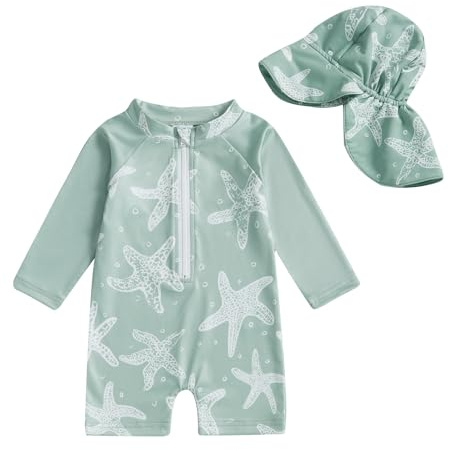 Yoolhamy Einteiliger Badeanzug für Baby Jungen, Schwimmanzug Langarm mit Reißverschluss und Sonnenhut