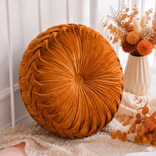 Drydiet Rundes Kissen, 38,1 cm Durchmesser, Samt, plissiert, Akzentkissen, Kürbis, Boho-Stuhlkissen für Couch, Sofa, Stuhl, Bett, Heimdekoration, gebranntes Orange, 1 Stück