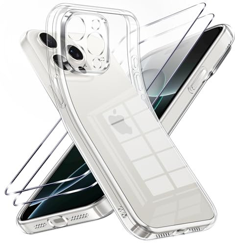 Viojrlra Coque pour iPhone 16 Pro Max avec 2 Pièces Verre Trempé, Transparente Anti-Jaunissement Souple TPU Silicone Étui, Antichoc Anti-Rayures Protection Case pour iPhone 16 Pro Max
