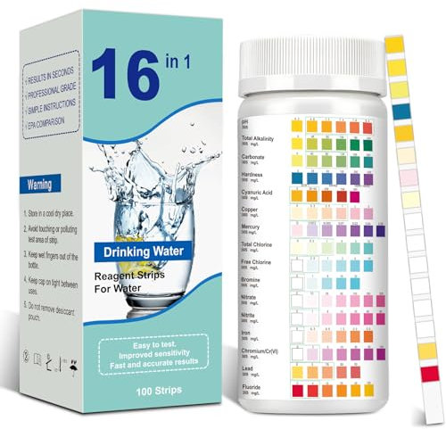 TEBOKHAD 100 Pezzi Test Acqua Potabile 16 in 1 Kit Analisi Acqua Potabile Strisce Test Acqua Piscina Bromo Accurato, Alcalinità Totale,PH,Acido Cianurico e Cloro Totale per Acquari, Piscine