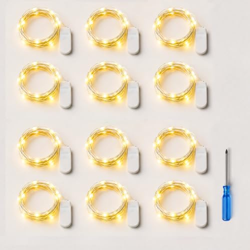 12 Stück mini LED Lichterkette Batterie 2 m 20 LEDs mit CR2032, Warmweiß | Kupferdraht Lichterketten Innen Silberdraht für DIY Vasen Geschenke Weihnachten Hochzeit Deko