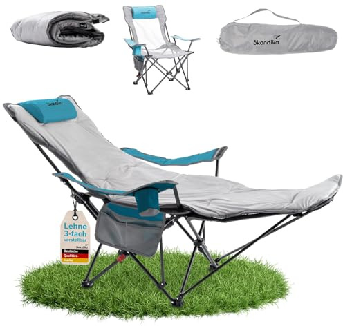 Skandika Chaise de Camping Toras avec Repose-Pieds | Pliable, Chaise Longue, Fauteuil Relax Pliant avec Porte-Boisson, Dossier réglable | Chaise de Camping extérieur, pêche (Gris/Bleu | avec Coussin)