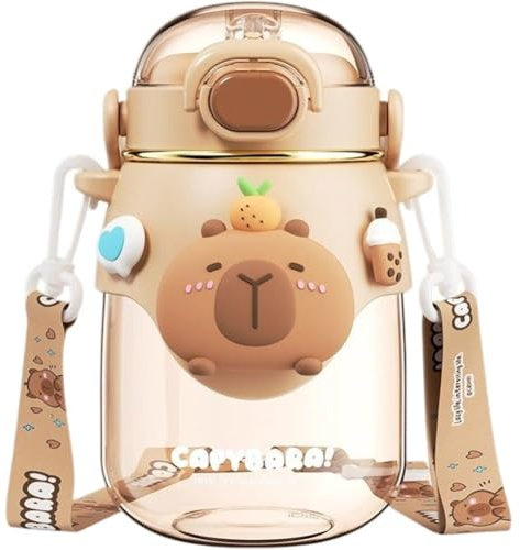 Dinntty Capybara Water Bottle with Straw, Summer Plastic Water Cup for Students, Leakproof Kapibara Cup with Lid & Portable Strap