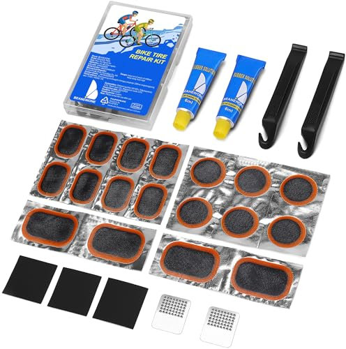 Beanewone Rustine Velo, Kit Reparation Velo avec 18 Rustine, 2 Colle Rustine, Demonte Pneu Velo et Lime à Métaux - Étui de Rangement Portable pour les Chambres à Air de Vélo, de Moto et de Pneumatique
