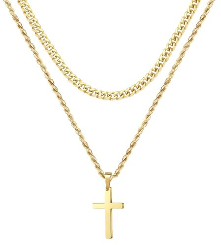 MOTIBACK Layered Gold Cross Necklace for Men - 18K Gold Plated Stainless Steel Cross Chain, 18-20 Inch Rope Necklace, Stylish Mens Jewelry, Gift for Him