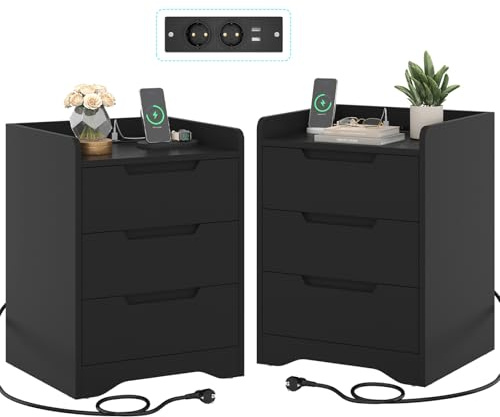 Brinlawb Table de Chevet Lot de 2 avec Multiprise (2 Prises CA, 2 Ports USB) Table de Nuit Lot de 2 avec 3 Tiroirs et 3 Clôtures Latéraux, Montage Facile, pour Salon, Chambre, Bureau, Moderne, Noir