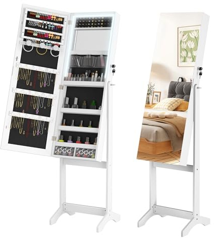 FIVMEN Schmuckschrank mit Spiegel Spiegelschrank Schminkschrank Stehend mit Beleuchtung Abschließbar Schmuckaufbewahrung Make-Up Organizer 2 in 1 mit Ganzkörperspiegel Standspiegel, Weiß