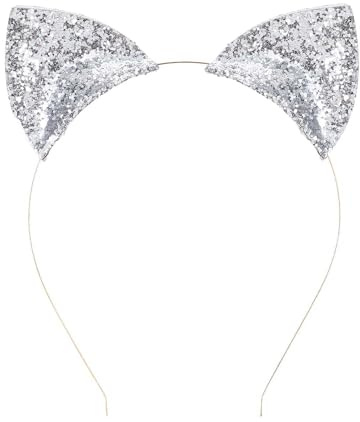 WLLHYF Serre-tête avec oreilles de chat à paillettes pour Halloween, déguisement de chat, femme, bandeau noir pour cosplay, fête, festival, costume argenté