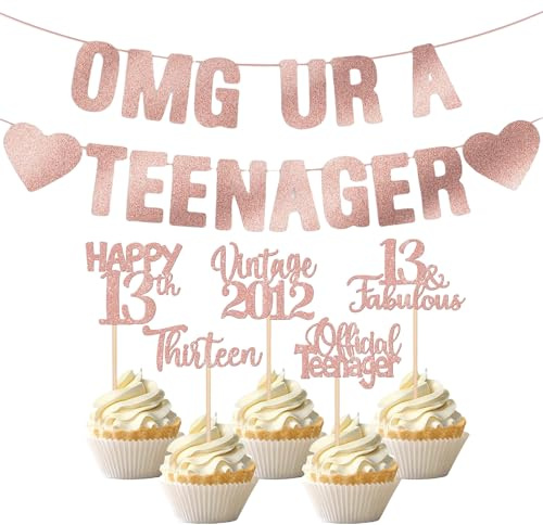 Deko 13. Geburtstag Mädchen Junge Offizielle Teenager 13. Geburtstagsdeko Banner, Glitzer 13. Geburtstag Cupcake Topper, Tortendeko 13 Years Old Birthday Twinkle Star Girlande Hanging Streamer
