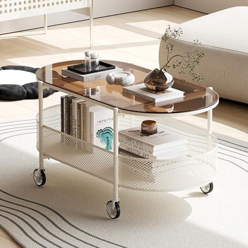 OAKVYNE Table Basse Moderne en Verre Trempé avec roulettes Pivotantes, Structure Métal Industriel, avec Espace de Rangement, Idéale pour Salon ou Bureau(Glass)