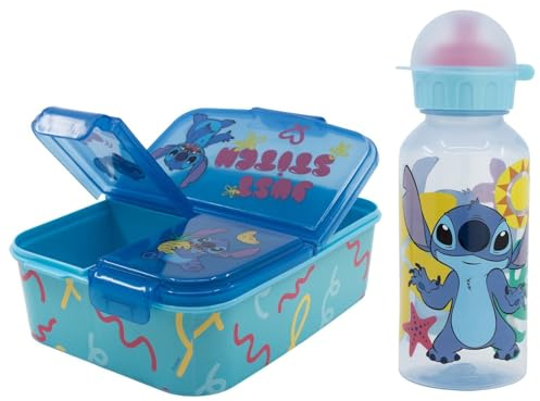 Disney Stitch Kinder-Lunch-Set 2-teilig – Brotdose mit 3 Kammern + Trinkflasche 370 ml – Offizielles Lizenzprodukt für Kindergarten, Schule & Ausflüge