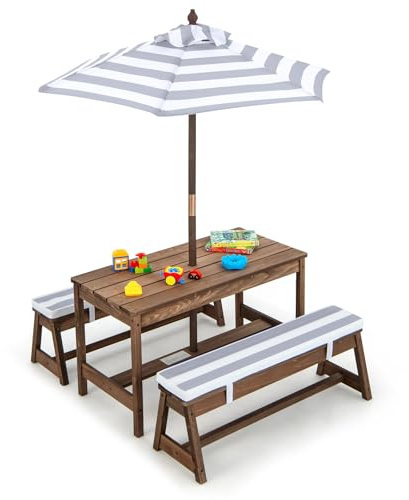Maxmass Kids Picnic Table and Bench Set, Children Wooden Activity Play Table with Removable & Adjustable Umbrella and Cushions, Toddlers Garden Furniture Set for Indoor Outdoor (Gray)