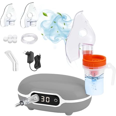 NEEMOSI Elektrisches Inhaliergerät mit Digitalanzeige,Kompressor Vernebler für Erwachsene Kinder Baby,Inhalationsgerät mit Maske&Mundstück,Tragbarer Inhalator gegen Asthma Husten Erkältung (Grau)
