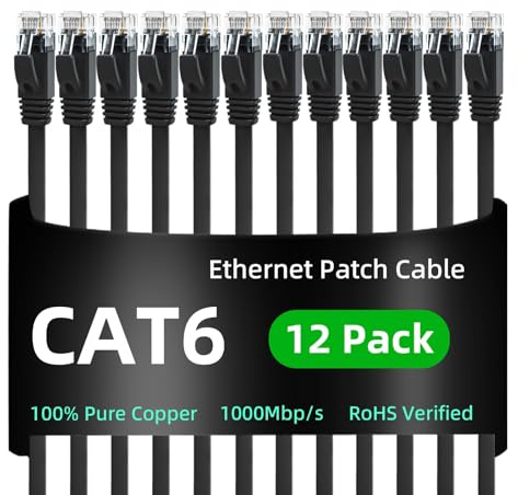 Yauhody Ethernet Cable 2.5m 12Pack, Internet Cable Cat 6 2.5m 12Pack, Black | TIA/EIA 568-C.2 Compliant, RoHs, Snagless High Speed Gigabit Network LAN Patch Lead for Server, Router, Modem, TV, PC, Gaming