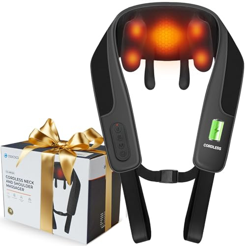 CooCoCo Cordless Neck Massager with Heat, Gifts for Women Men Mum Him Her | 6D Shiatsu Shoulder & Back Massage Wrap, Dual Heat Areas, 2 Heat Levels, 2500mAh USB-C Battery for Home & Travel, Black
