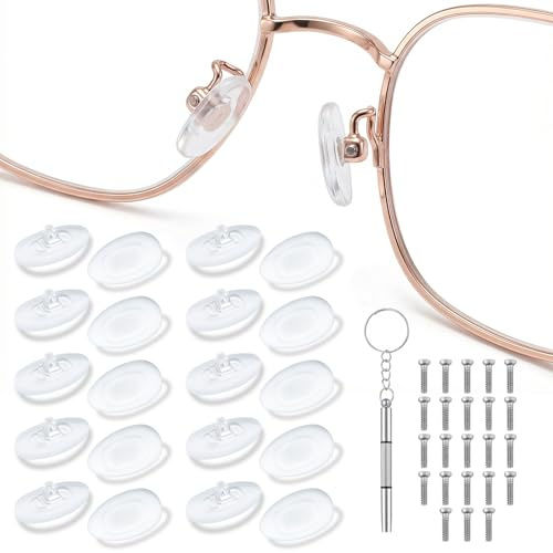 Shimmeroo 20Pcs Silicone Glasses Nose Pads - Soft Anti-Slip Screw-in Nose Pads D-Shaped Eyeglass Grips Fit for Optical Sunglasses with Screws & 3-in-1 Screwdriver(Clear)