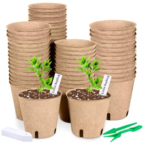 NXPZ Semilleros Biodegradables, 50 Macetas de Semillero de 8 cm, Redondas con Agujeros de Drenaje, con 50 Etiquetas para Plantas y 2 Herramientas, para Semillas, Flores, Frutas y Verduras