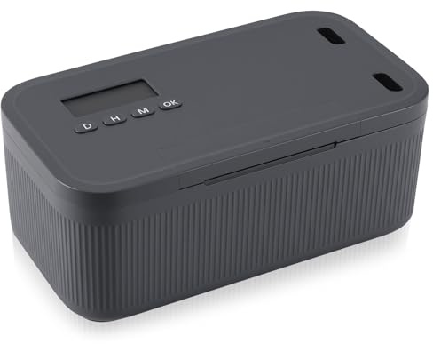 Houkiper Timed Lock Box with 30-Day Timer, Phone & Medication Lockable Storage Box, Password Time Lock Container, PP Self-Control Box, Grey Blue, 23.9×13.1×9.6cm