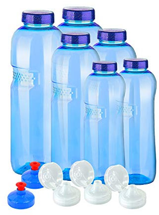 6 x Original Flaschen aus TRITAN ohne Weichmacher Sparset 2 x 1 Liter (rund), 2x 0,75 Liter (rund), 2x0,5 Liter (rund) + 5 Standarddeckel+ 3 Sportdeckel (FlipTop) + 2 Trinkdeckel (Push PULL) BPA frei