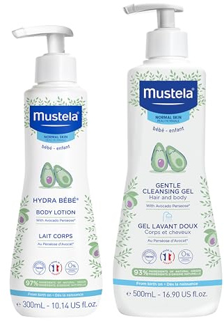 Mustela Baby Bath Time Gift Set - Essentiels de soin de la peau de bébé avec avocat naturel - Contains Hydra Bebe Body Lotion 10.14 fl. oz. & Gentle Cleansing Gel 16.9 fl. oz. - Lot de 2 articles