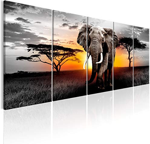decomonkey Bilder Afrika Tiere Elefant 200x80 cm 5 Teilig Leinwandbilder Bild auf Leinwand Wandbild Kunstdruck Wanddeko Wand Wohnzimmer Wanddekoration Deko Landschaft Baum grau orange