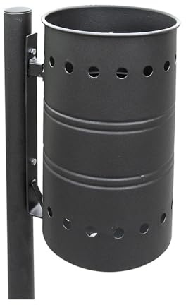 ANDRYS Cestino Portarifiuti da Esterno (Nero, con Palo da Inghisare) | Pattumiera Raccolta Rifiuti in Acciaio Zincato, Diametro 26cm, Palo 120cm, Arredo per Cortili, Parchi e Aree Urbane