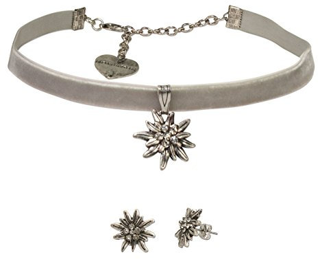 Alpenflüstern Trachtenschmuck-Set Trachten-Samt-Kropfband und Ohrstecker Strass-Edelweiß - Damen-Trachten-Schmuck, Trachtenset Trachtenkette und Trachten-Ohrringe grau SET016