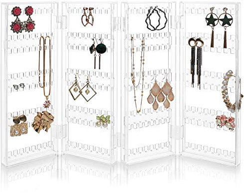 BELLE VOUS Faltbarer Schmuckständer aus Acryl - Organizer für 128 Ohrring Paare - 5 Reihen & 4 Paneele zur Aufbewahrung von Ohrringen, Armreifen & Halsketten - Transparentes Schmuckdisplay