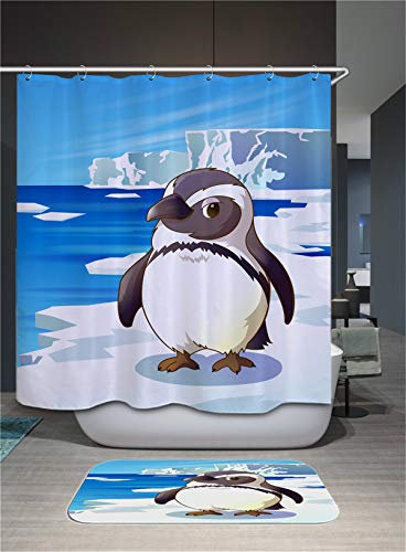 FANSU Duschvorhang Wasserdicht Anti-Schimmel Anti-Bakteriell, 3D Drucken 100% Polyester Bad Vorhang für Badzimmer mit C-Form Kunststoff Haken (90x180cm,Grauer Pinguin)