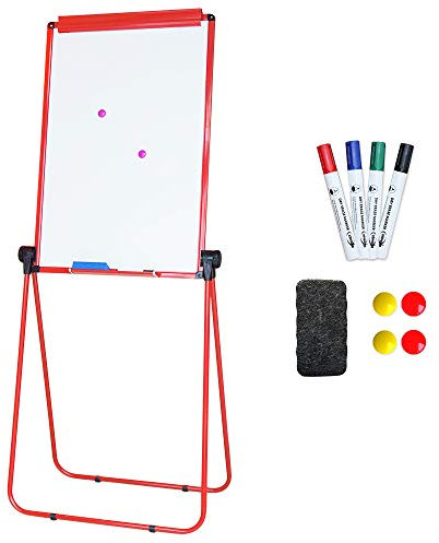 XIWODE Magnetisches U-Ständer, trocken abwischbares Board/Flipchart-Whiteboard, 90 × 60 cm, höhenverstellbar und faltbar, mit rotem Aluminiumrahmen, Flipchart-Papier und Ständer