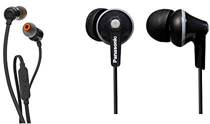 JBL Tune 110 – In-Ear Kopfhörer mit verwicklungsfreiem Flachbandkabel und Mikrofon in Schwarz & Panasonic RP-HJE125E-K In-Ohr-Kopfhörer (DREI Paar Pass-Stücke, 10-24.000 Hz, 1,1 m Kabel) schwarz